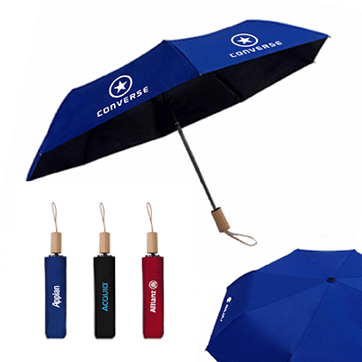 21'' 3 Fold Black Coated Umbrella with Wooden Handle