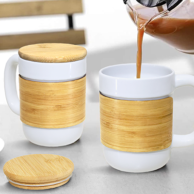 STONEWARE Ceramic Mug with Bamboo Sleeve Lid - 430ml